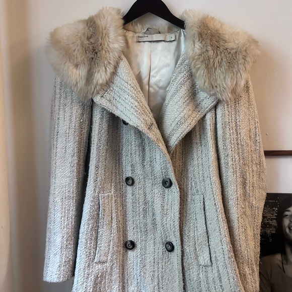 vintage perry ellis tan gray full length wool blend coat fur hood collar - Picture 4 of 13